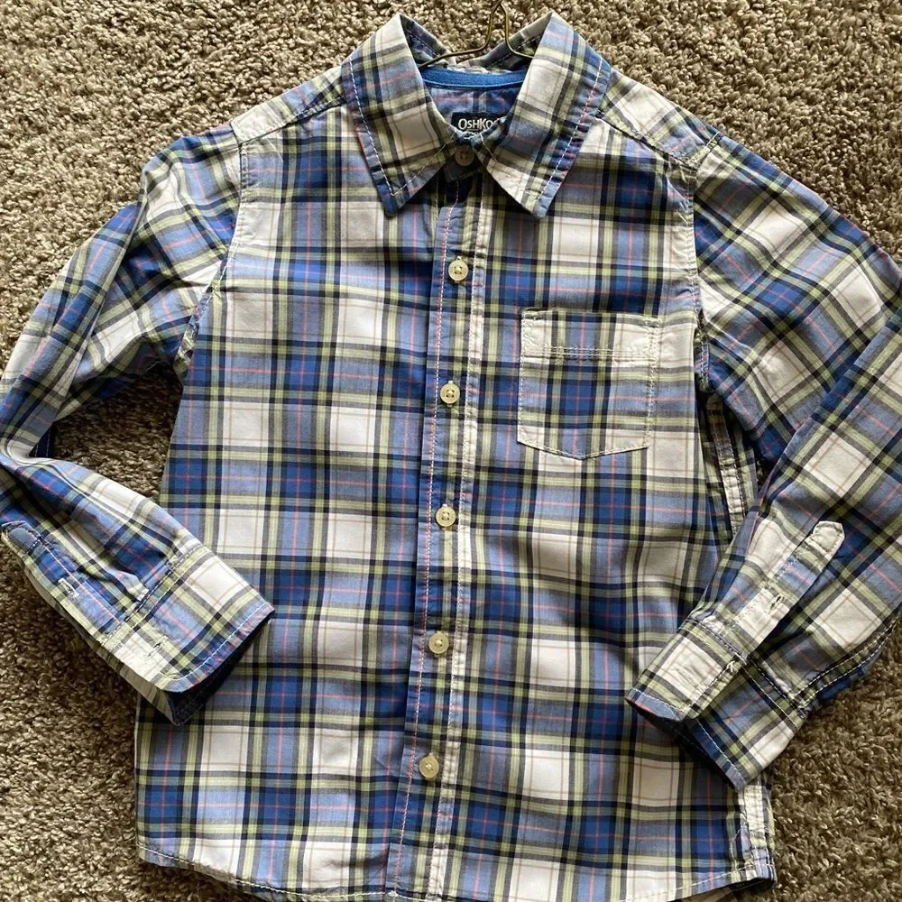Boys Button Plaid Casual Dress Shirt, Oshkosh B’Gosh, Front Pocket, Long Sleeve